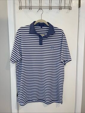 Peter Millar Navy and White Horizontal Stripe Polo
